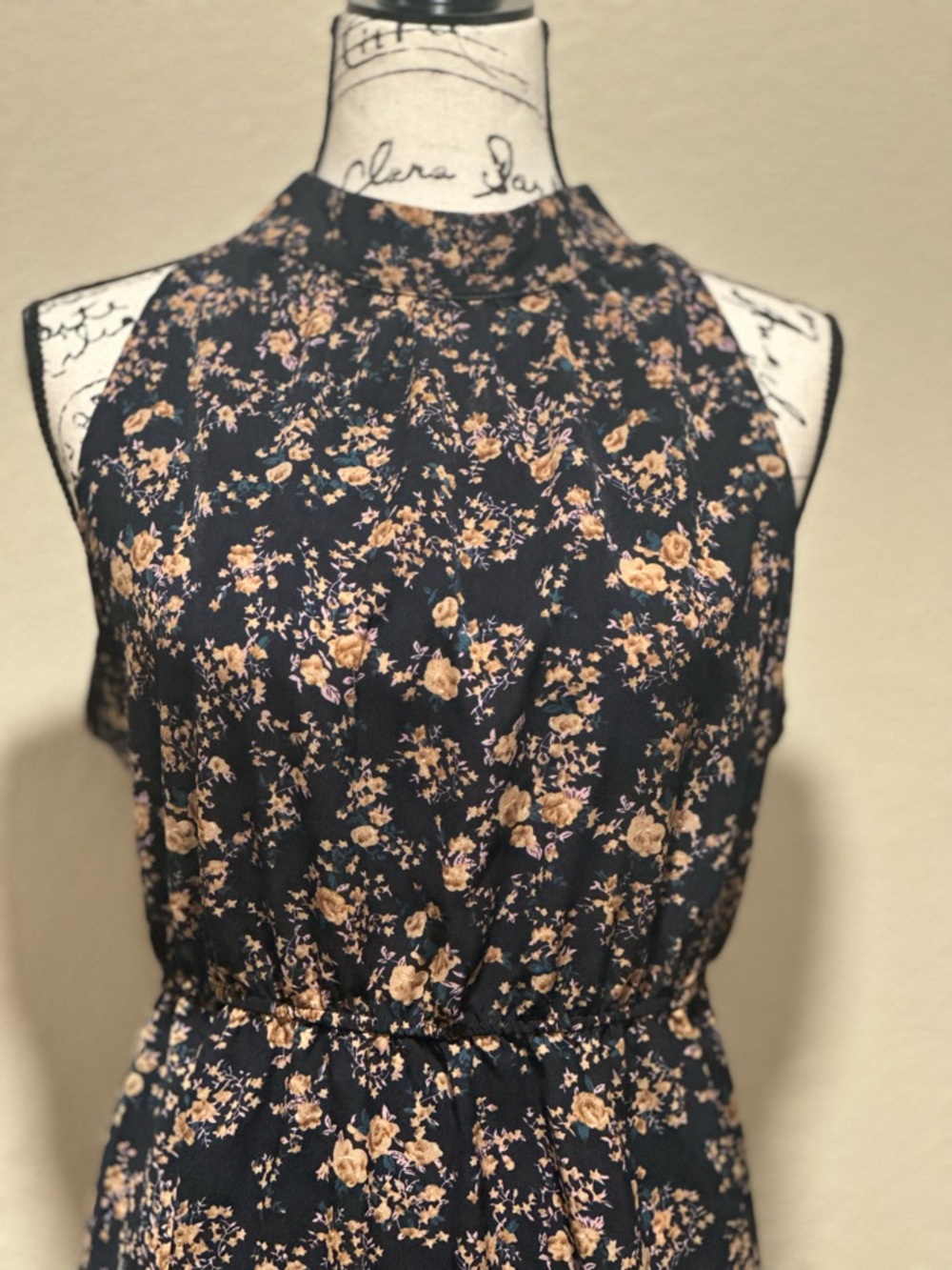 Emery Rose High Neck Sleeveless Navy Floral Midi Dress with Elastic Waist xl - Picture 2 of 10
